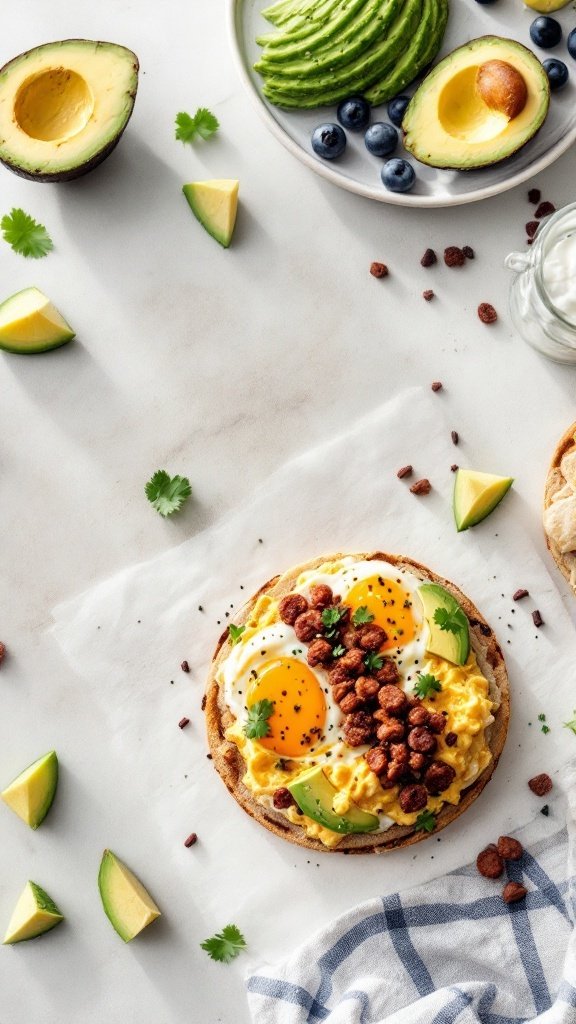 Breakfast tostadas topped with eggs, chorizo, avocado, and cilantro.