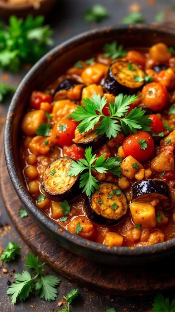 A bowl of eggplant and tomato curry garnished with fresh cilantro