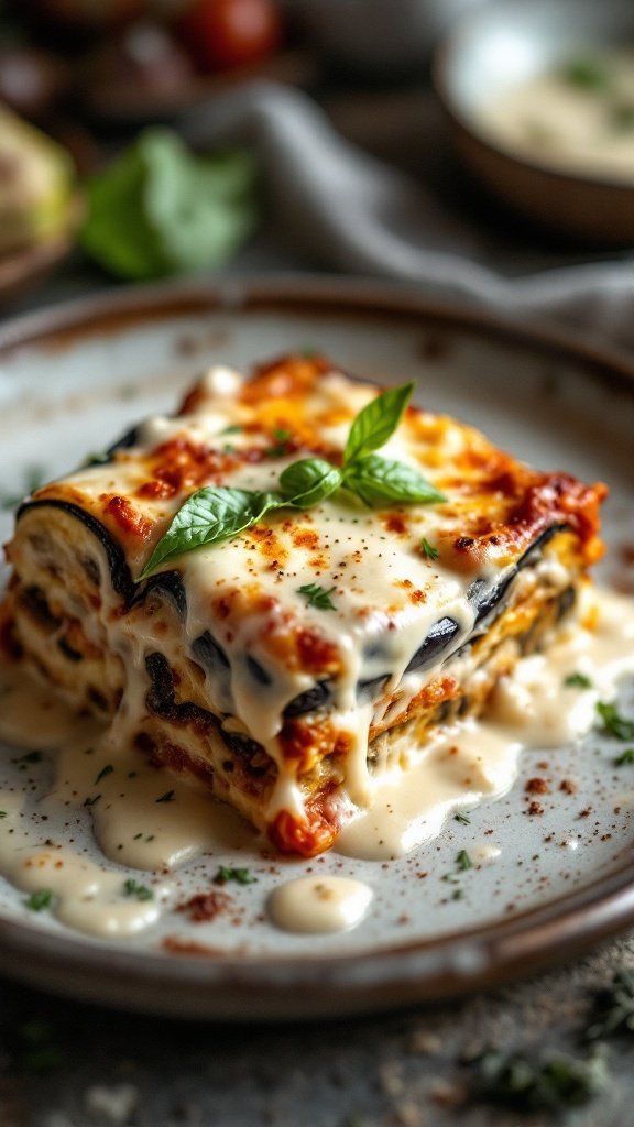 A delicious slice of eggplant moussaka topped with creamy béchamel sauce and garnished with fresh basil.