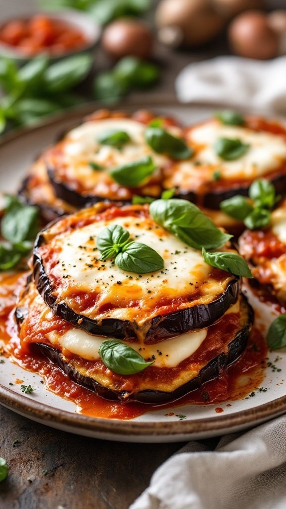 Eggplant Parmesan with layers of mozzarella and basil