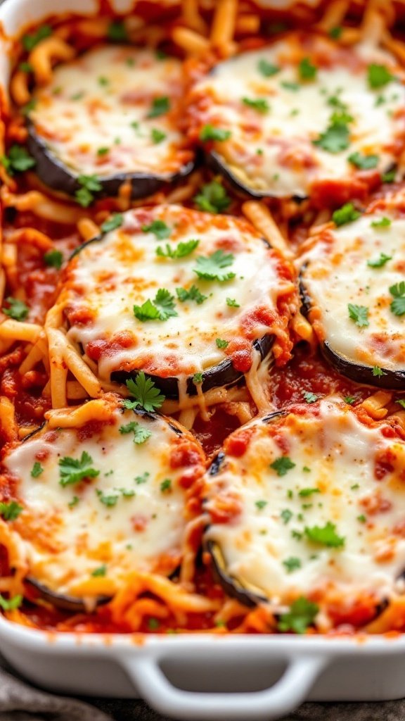 A dish of eggplant parmesan with marinara sauce and melted cheese, garnished with fresh herbs.