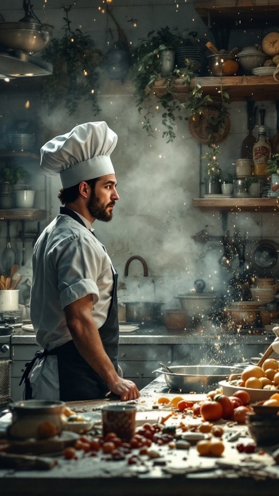 A chef in a busy kitchen, preparing ingredients for cooking.
