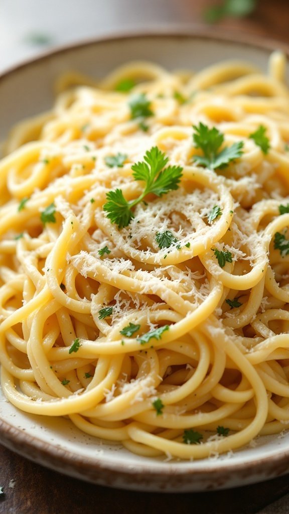 Plate of creamy fettuccine alfredo pasta garnished with parsley and Parmesan.