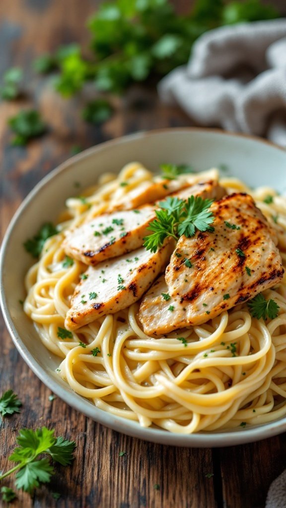 A dish of fettuccine alfredo topped with grilled chicken and parsley