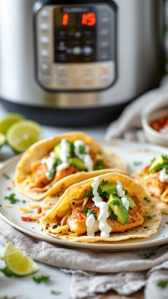 Fish tacos with avocado crema on a plate