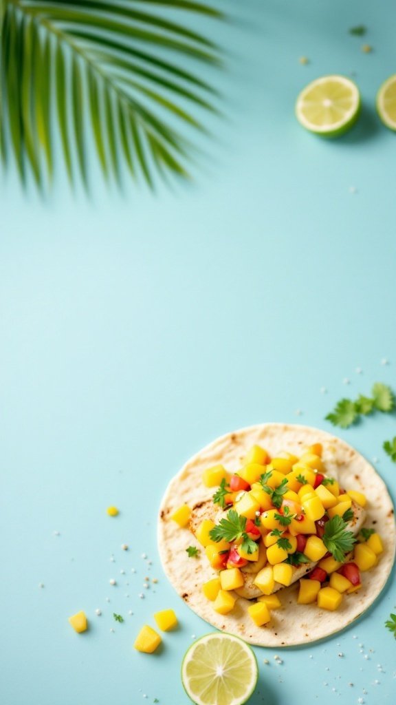 Fish tacos with fresh mango salsa on a tortilla