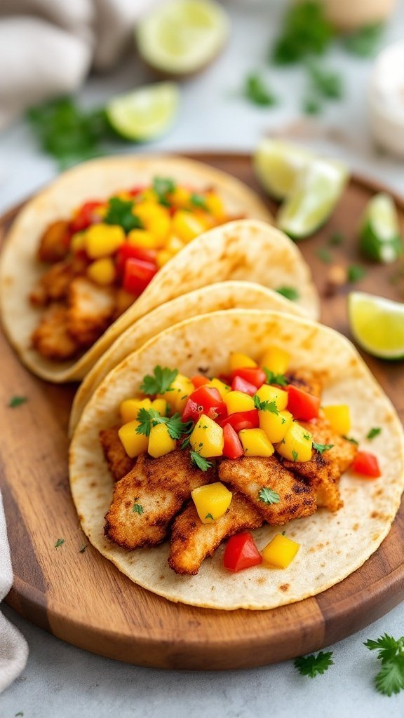Delicious fish tacos topped with mango salsa and served on corn tortillas