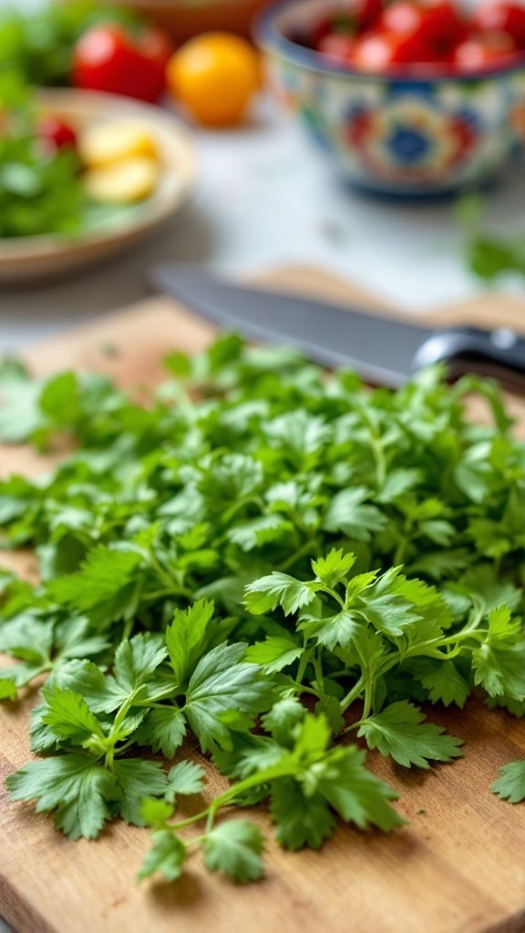 Fresh cilantro on a cutting board with a knife and ingredients nearby.