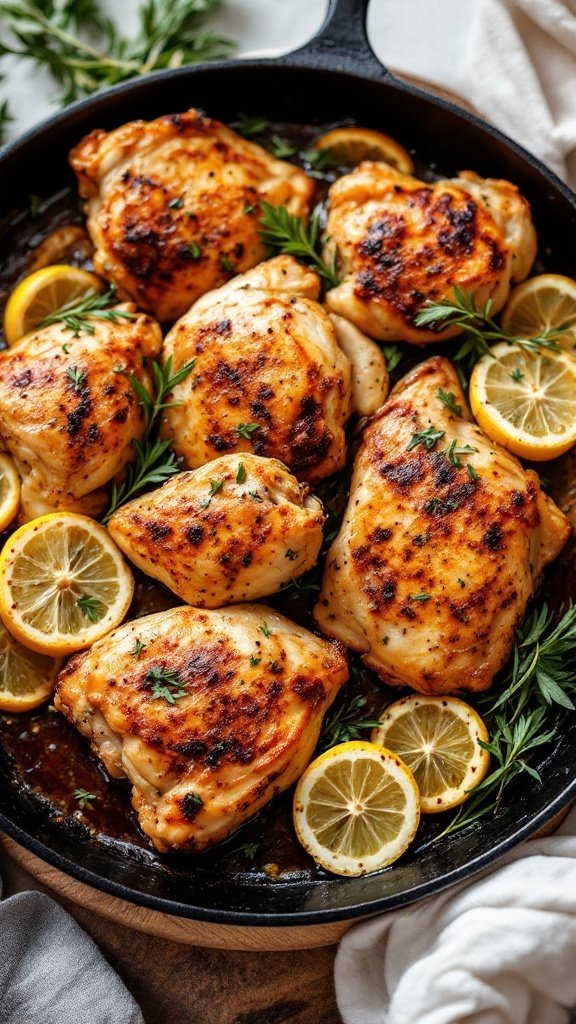 Garlic and lemon roasted chicken thighs with herbs and lemon slices.