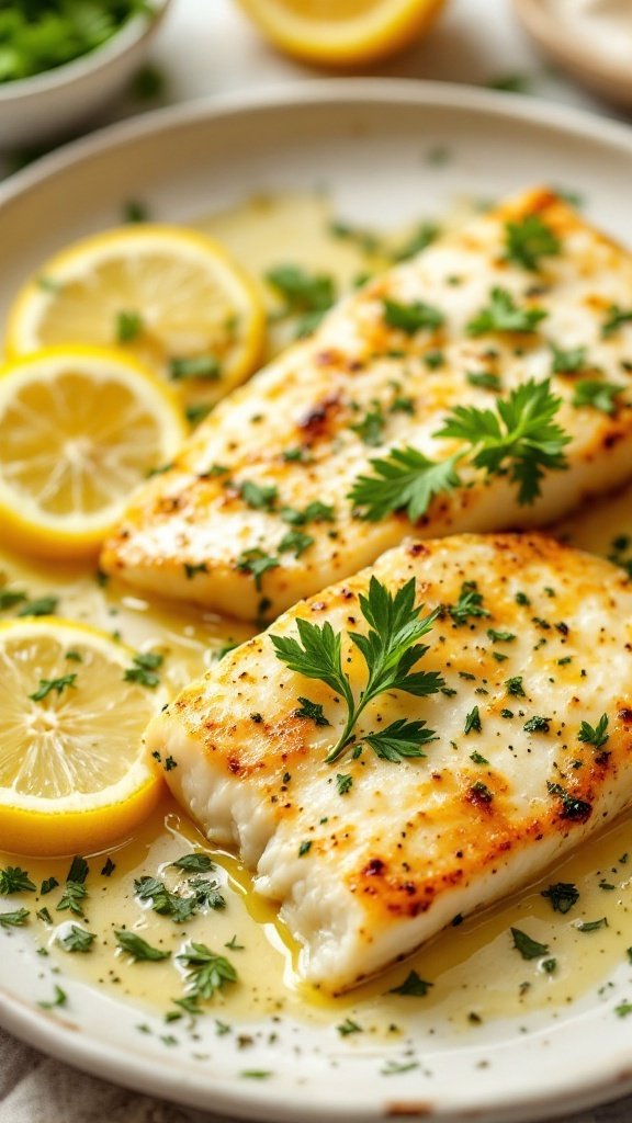 Garlic Butter Baked Cod fillets with lemon slices and parsley