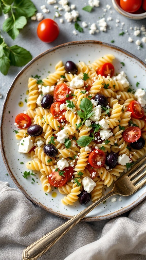 A colorful Greek pasta salad with rotini, cherry tomatoes, olives, and feta cheese.