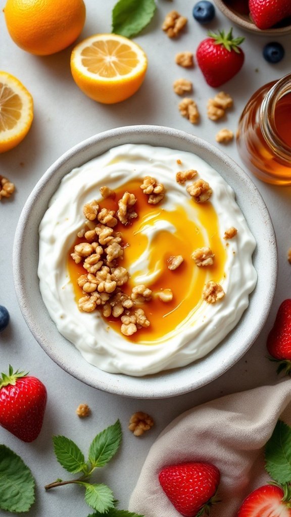 Bowl of Greek yogurt topped with honey, walnuts, and berries.