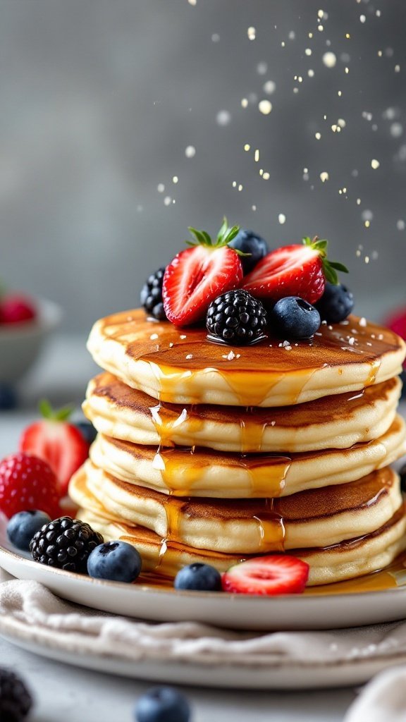 Fluffy Greek yogurt pancakes topped with fresh berries and syrup