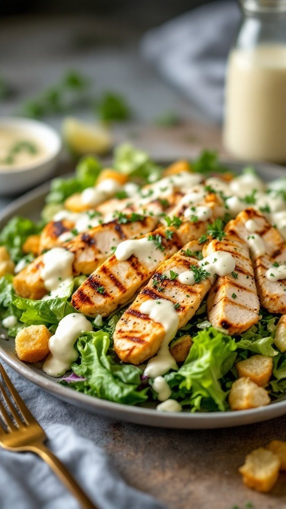 A platter with grilled chicken served on a bed of romaine lettuce, drizzled with Caesar dressing and topped with croutons and Parmesan cheese.