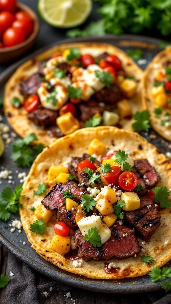 Grilled steak tostadas topped with colorful ingredients and chimichurri sauce.