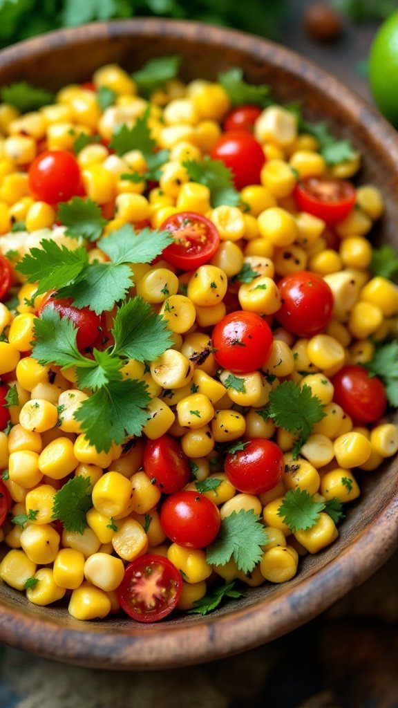 A colorful bowl of grilled street corn salad with corn, cherry tomatoes, and cilantro.