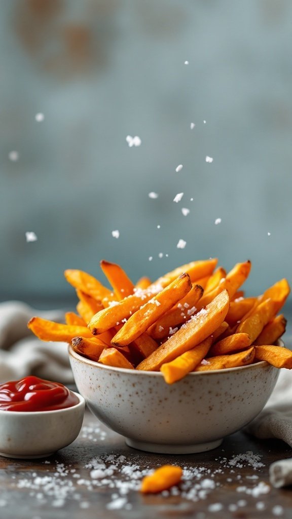 A bowl of crispy sweet potato fries with a side of ketchup.
