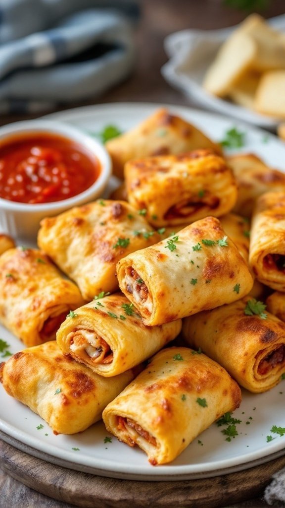 Plate of crispy air fryer pizza rolls with marinara sauce