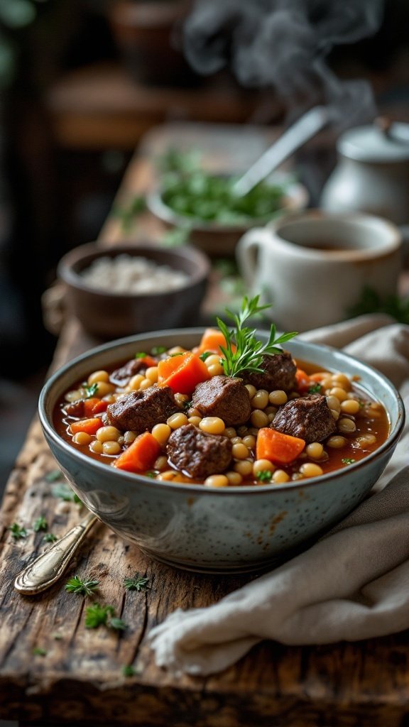 A bowl of hearty beef and barley stew with vegetables and herbs, served on a rustic wooden table.