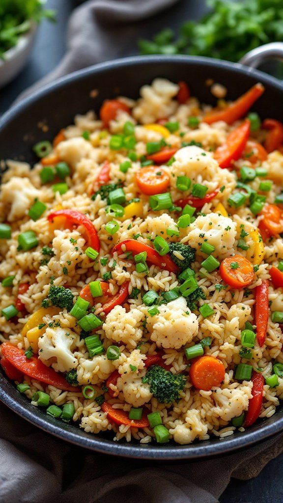 A vibrant bowl of herbed cauliflower rice stir-fry with colorful vegetables