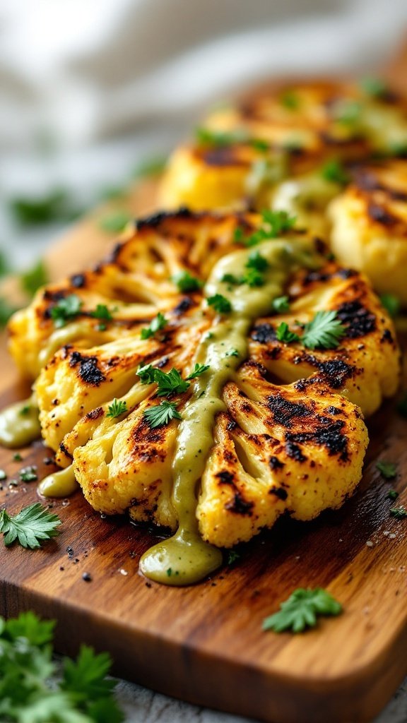 Grilled cauliflower steak with chimichurri sauce and herbs