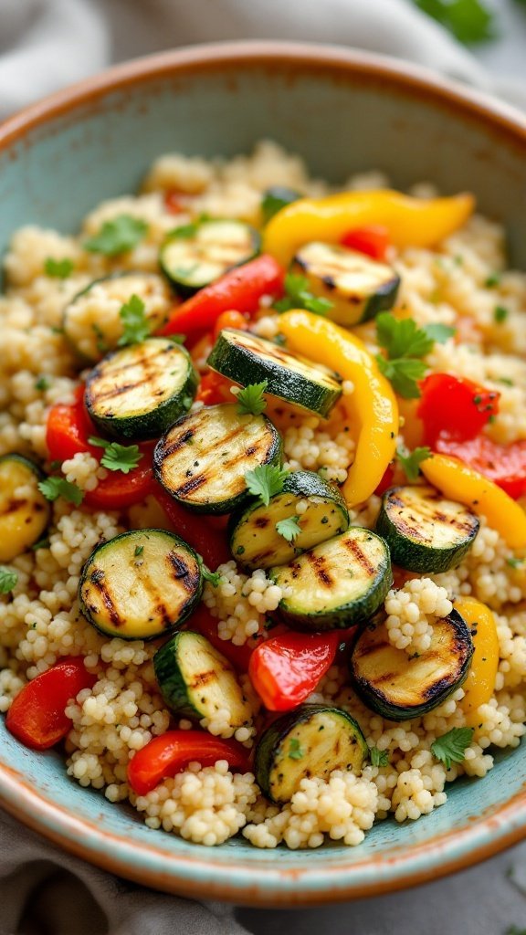 A bowl of herbed couscous with grilled vegetables, featuring zucchini, bell peppers, and cherry tomatoes.