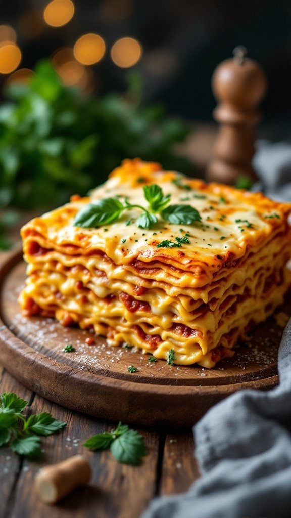 A delicious homemade lasagna with layers of meat sauce, béchamel, and cheese.