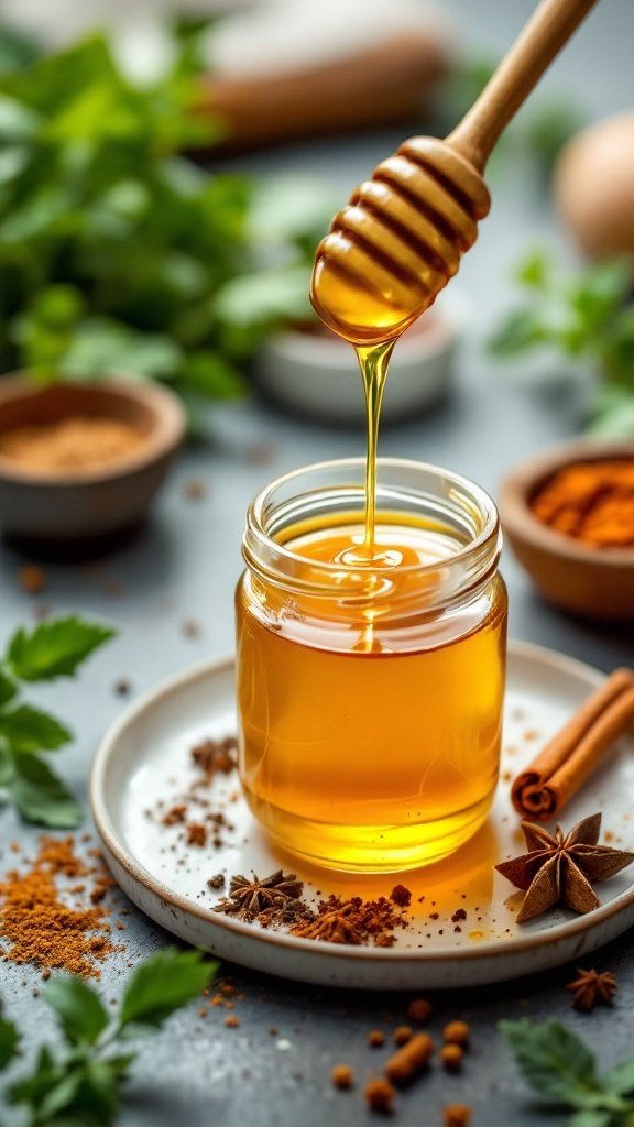 A jar of honey with a honey dipper, surrounded by spices and herbs.