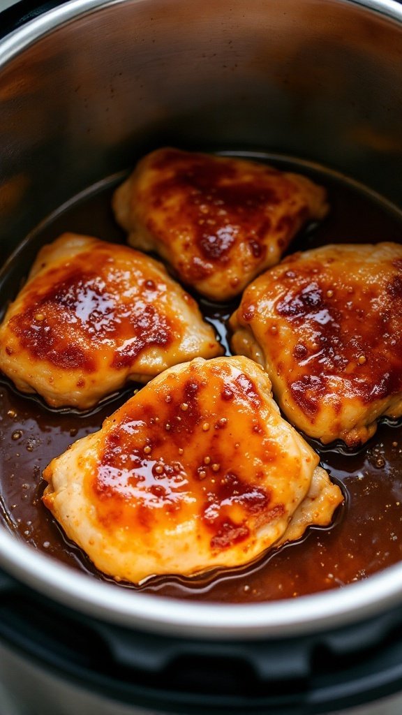 Delicious honey garlic chicken thighs cooked in an Instant Pot with a glossy sauce.