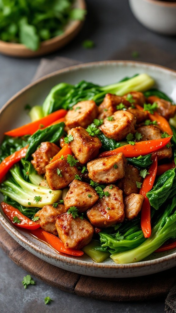 A vibrant dish of honey garlic pork with bok choy and bell peppers, garnished with cilantro.