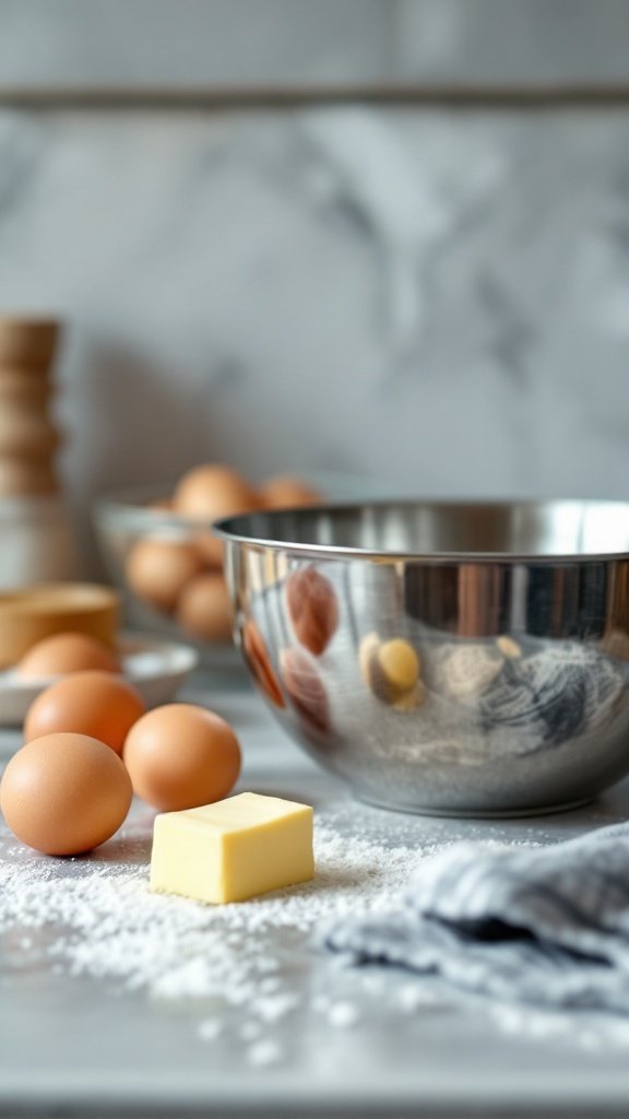 Baking ingredients including eggs and butter on a kitchen counter.