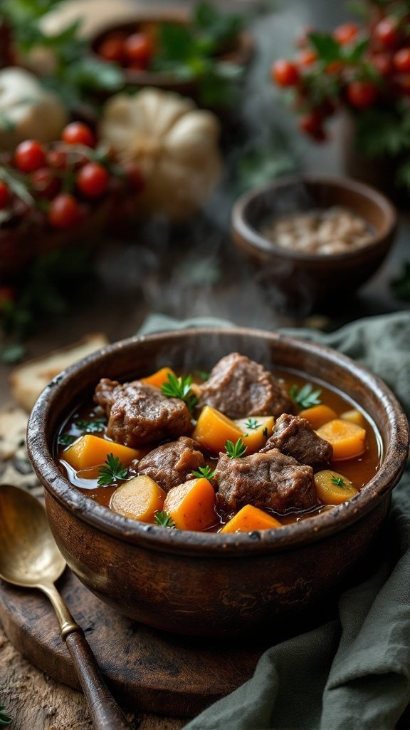 A bowl of Irish lamb stew with root vegetables, garnished with parsley.