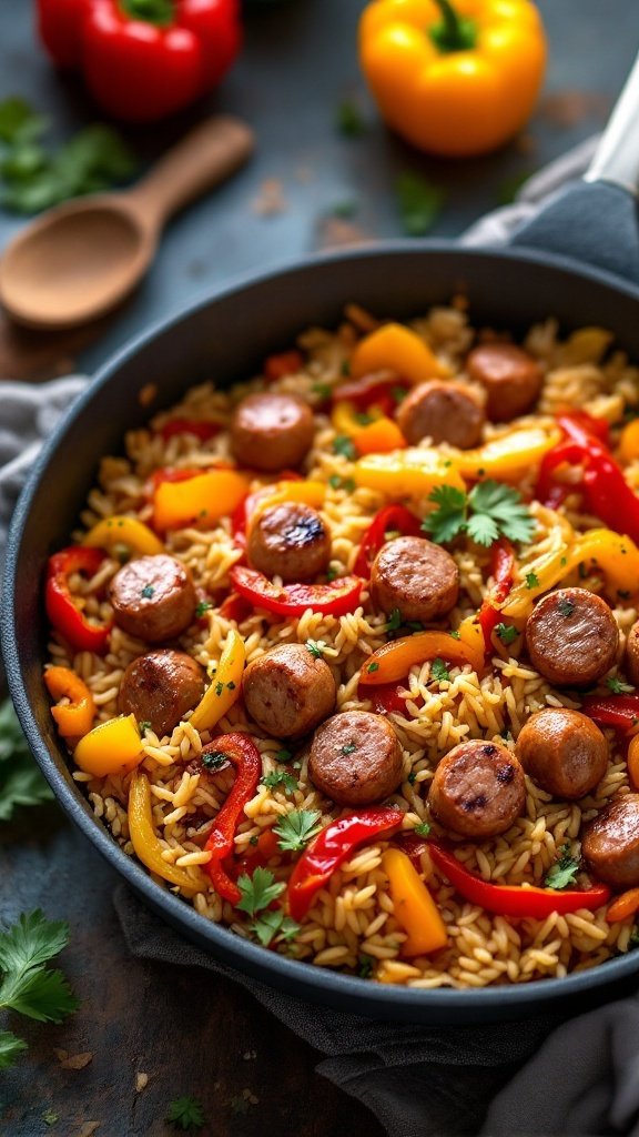 A delicious one-pan dish featuring Italian sausage and colorful bell peppers on a bed of rice.