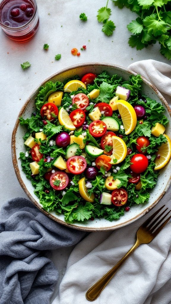 A colorful kale salad topped with cherry tomatoes, cucumber, bell pepper, and pineapple, garnished with lemon slices.