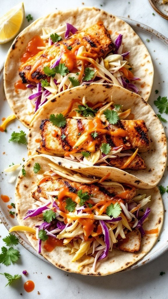 Lemon-Garlic Grilled Fish Tacos with cabbage and cilantro