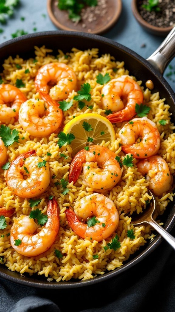 A delicious one-pan recipe featuring shrimp and rice with lemon and garlic flavors.