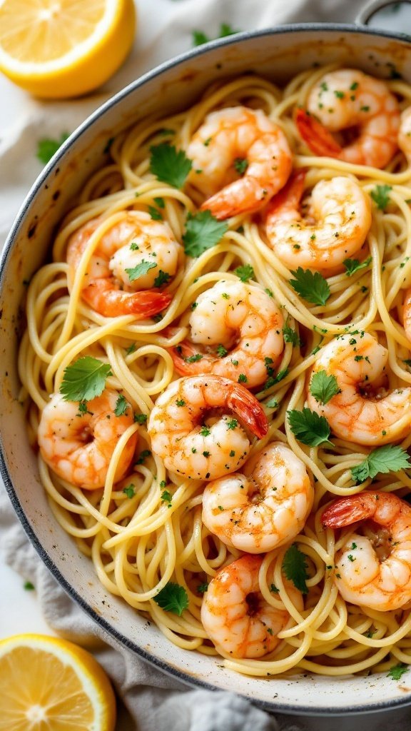 A bowl of lemon garlic shrimp linguine with parsley garnish