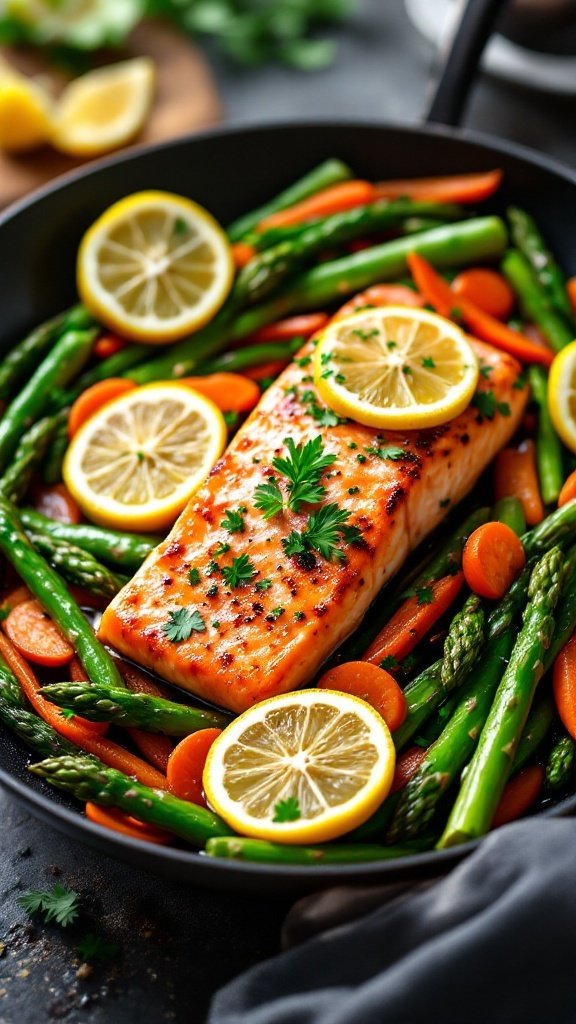 Lemon Ginger Salmon Stir-Fry with asparagus and carrots