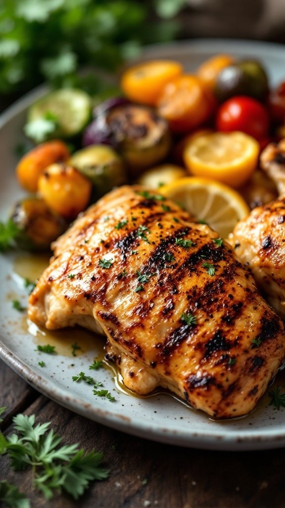 Grilled chicken breast with lemon and herbs, garnished with parsley.