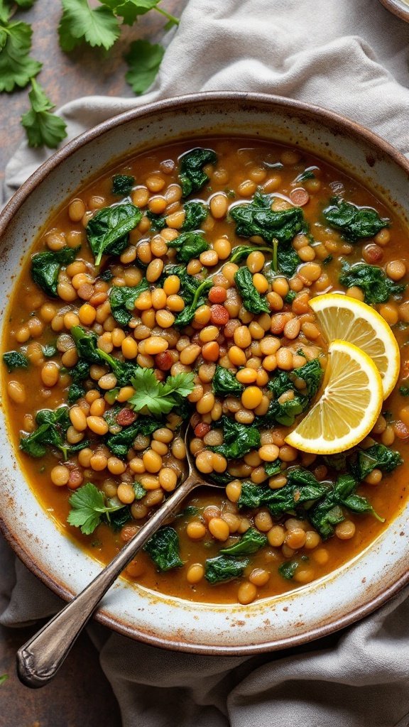 Bowl of lentil and spinach stew with lemon slices and fresh herbs