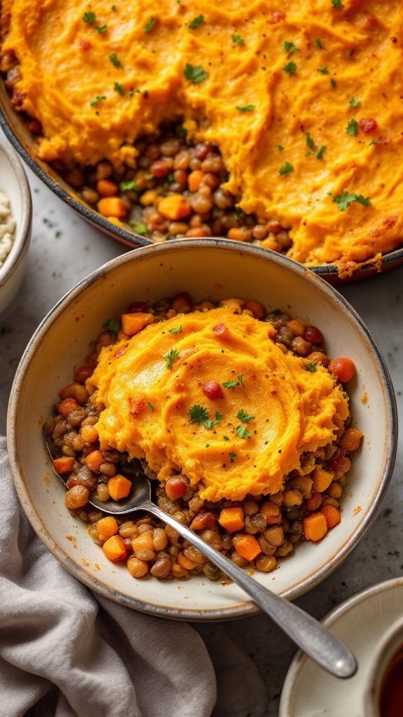 A hearty lentil and sweet potato shepherd's pie served in a bowl.