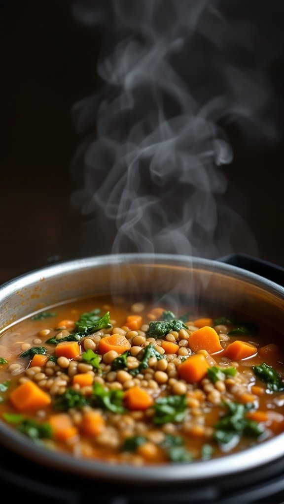 A steaming pot of lentil soup with spinach and carrots