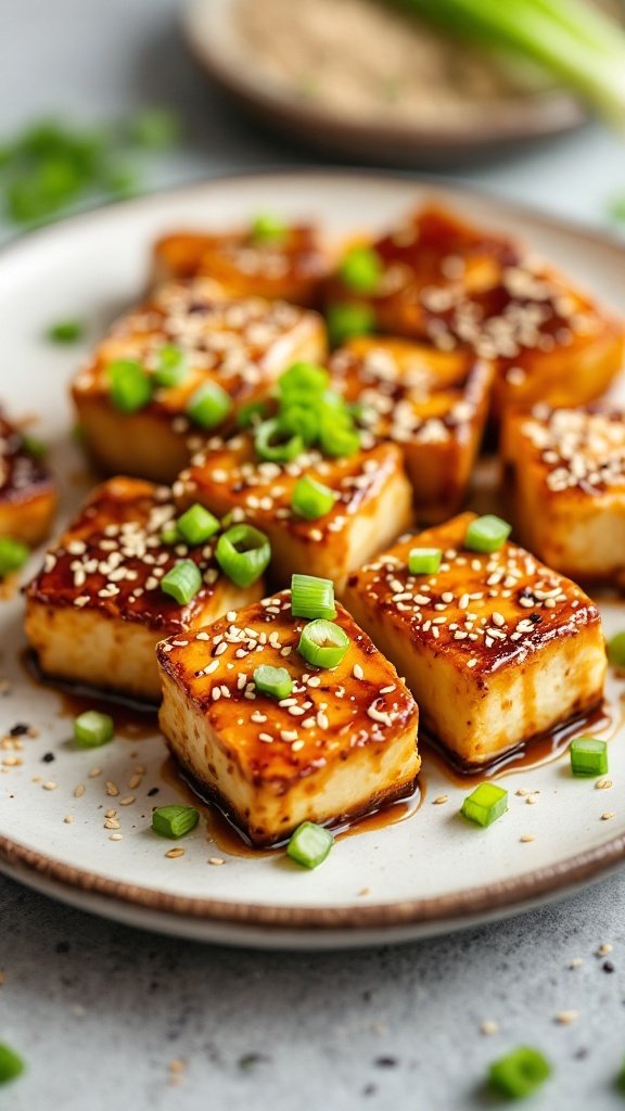 Plate of Maple-Sesame Glazed Tofu garnished with green onions and sesame seeds.