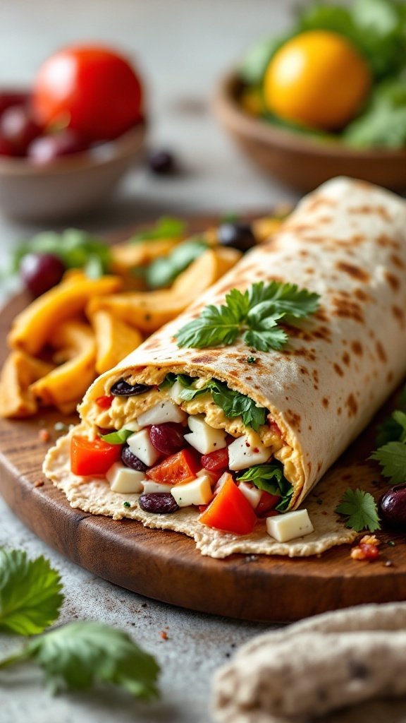 Mediterranean breakfast burrito with fresh vegetables and cheese