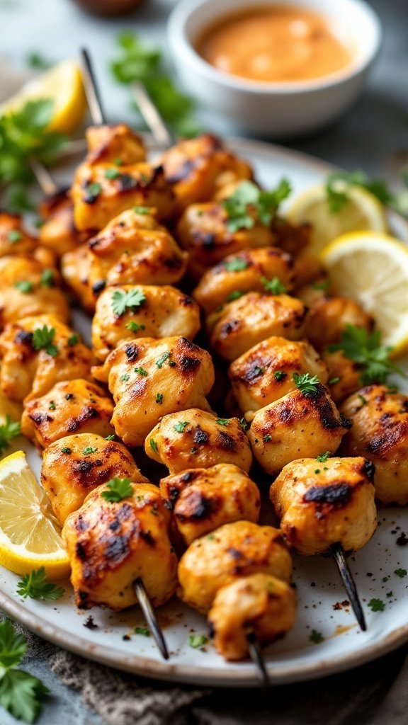 Mediterranean chicken skewers on a platter garnished with herbs and lemon slices.