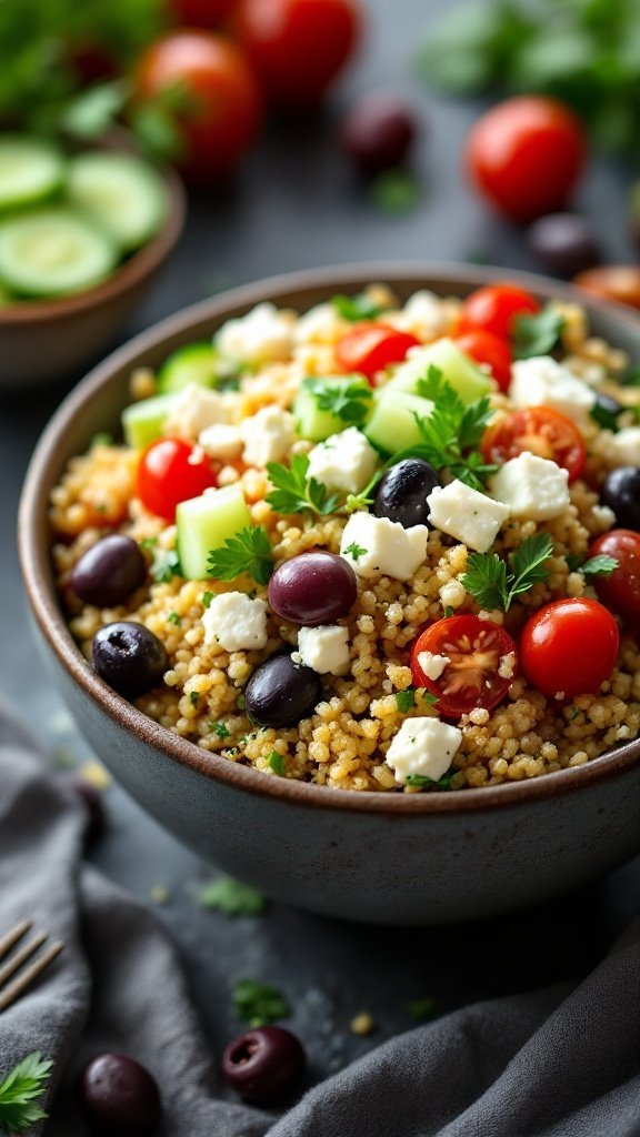 A colorful Mediterranean quinoa salad with vibrant vegetables and feta cheese.