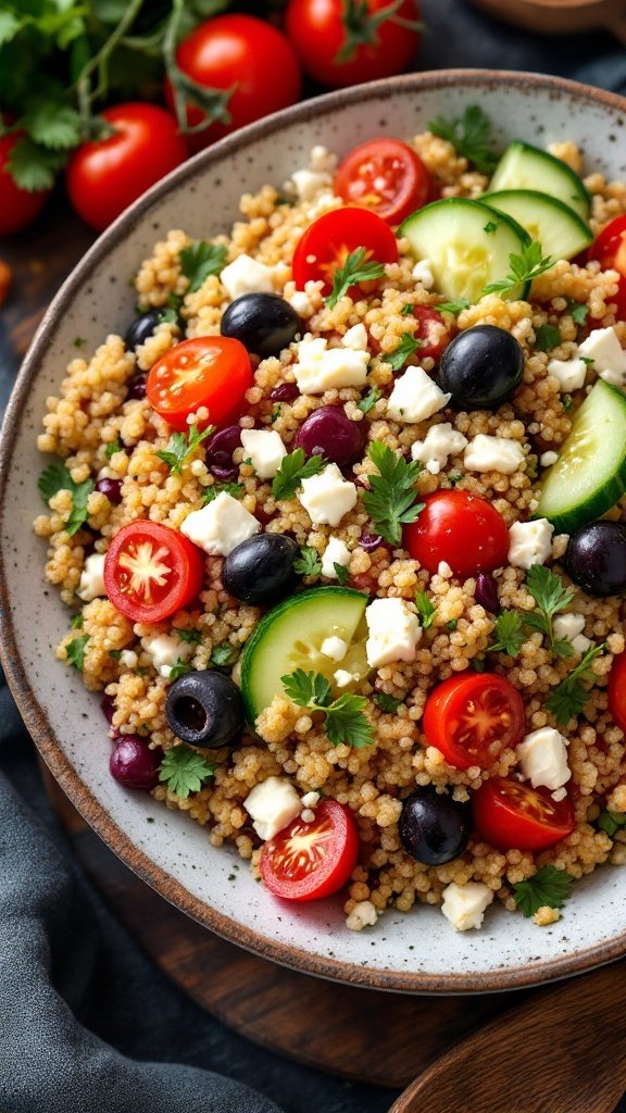 A colorful Mediterranean quinoa salad with feta cheese and fresh vegetables.