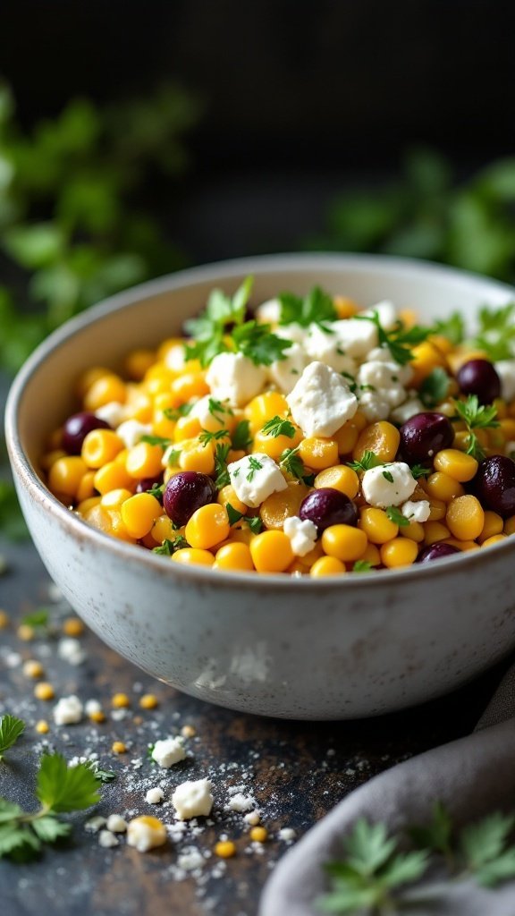 A vibrant Mediterranean Street Corn Bowl with corn, chickpeas, red onion, feta cheese, and fresh herbs.