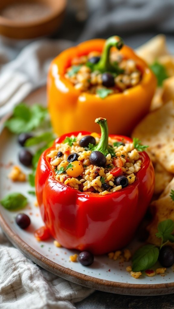 Colorful stuffed bell peppers filled with a mixture of grains, beans, and vegetables