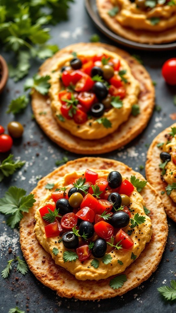 Mediterranean tostadas with hummus topped with fresh vegetables.